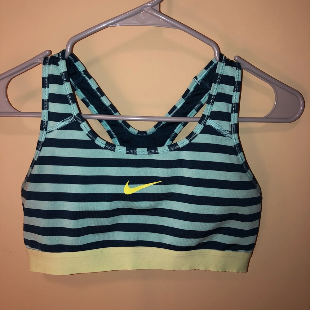 Nike, blue and green striped dri-fit sports bra